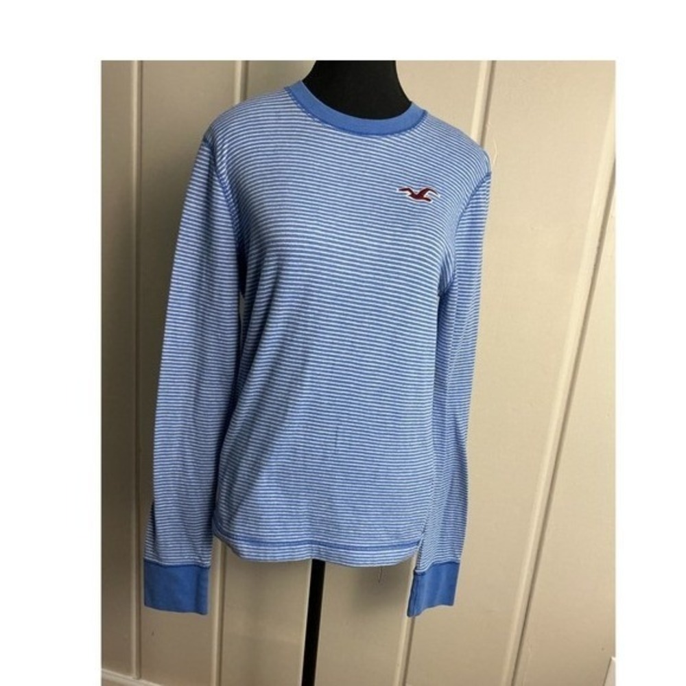 Hollister Blue White Striped Long Sleeve Crewneck T-Shirt Logo Medium M